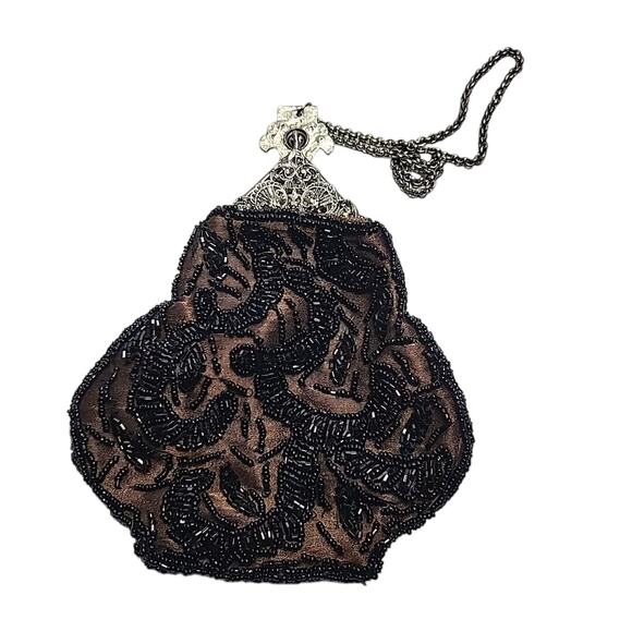Beaded Hand Purse Vintage Antique Brown W/ Black Beads Metal Clasp/Chain - Picture 2 of 10